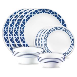 Corelle® Cobalt Circles 16-piece Mugless Dinnerware Set. Service for 4
